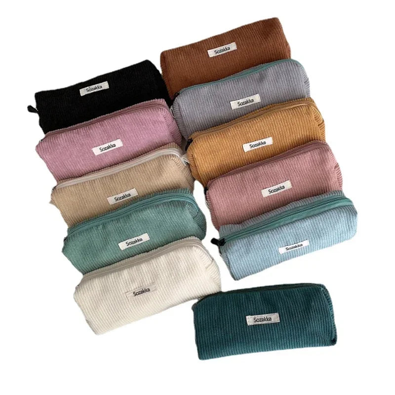 Korean Corduroy Cosmetic Bag Small Makeup Pouch Lady Portable Travel Toiletry Bag Makeup Organizer Student Cute Pencil Case