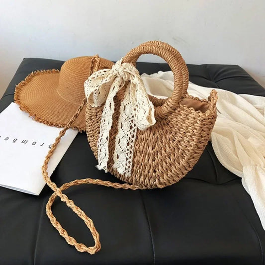 Straw Moon-Shaped Hand-Woven Rattan Bag with Lace Bow and Drawstring