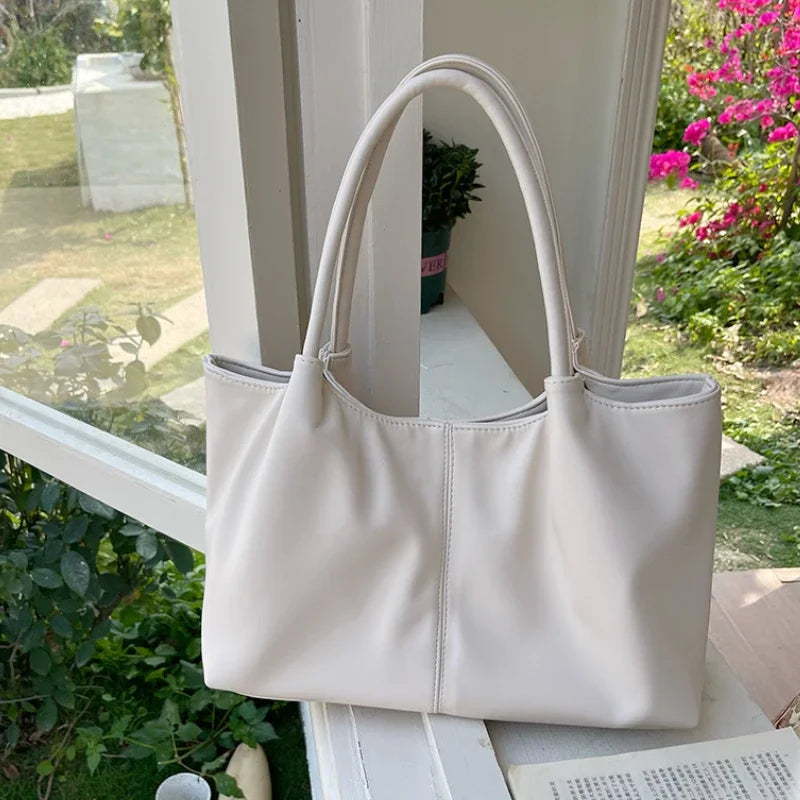 White PU Leather Shoulder Bag - Large Capacity Tote Handbag