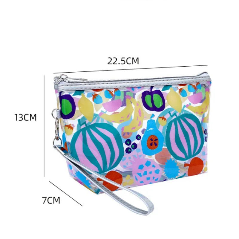 Kawaii Cute Transparent Cosmetic Bag Large Capacity Portable Fruit Pattern Pencil Case Makeup Storage Bag Make Up Organizer Bag