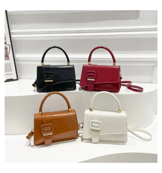 Women's Glossy Leather Crossbody Bag - Trendy Small Square Flap Handbag