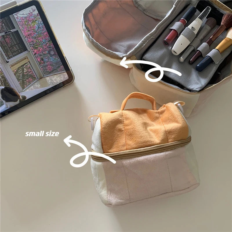 Cute Toast Cosmetic Bag Large Capacity Travel Portable Handheld Make Up Organizer Storage Case Double Zipper Plush Wash Pouch