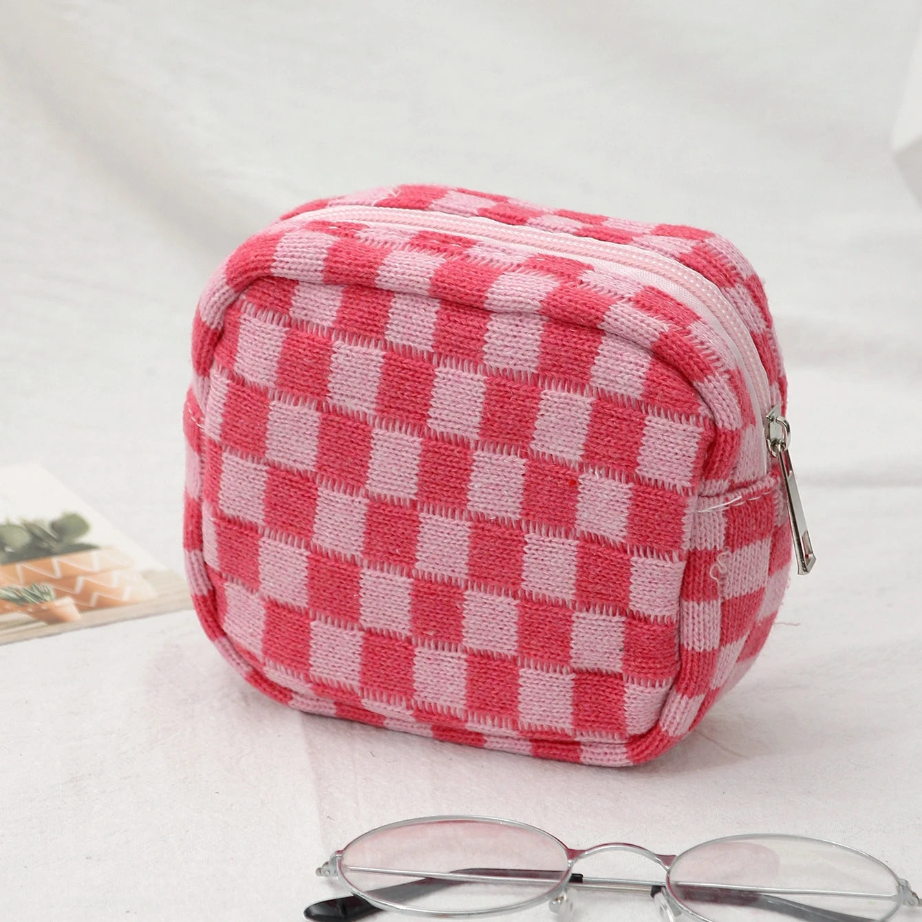 Checkerboard Cosmetic Bag Knitted Toiletry Storage Bag Colorful Makeup Pouch Organizer Checkered Pattern Cosmetic Bag