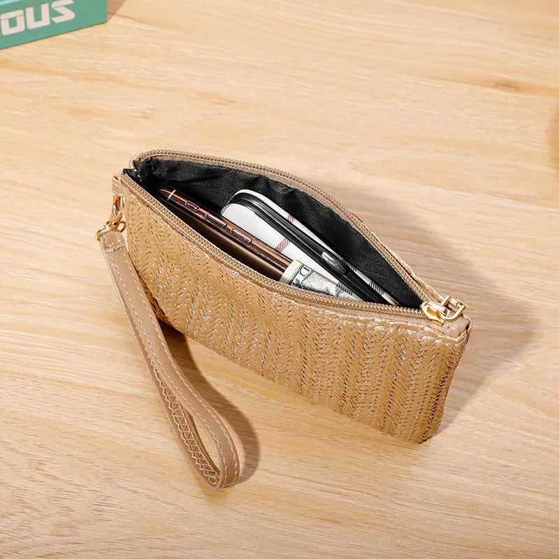 Womens Straw Clutch Bag Bohemian Summer Beach Straw Purse Zipper Wristlet Wallets Simple Phone Pouch Coin Purse Card Holder