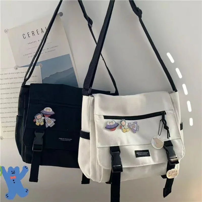 Harajuku Versatile Canvas Women Crossbody Bags Solid Color Flip Casual Handbag Shoulder Bags Teen Girls Messenger Bag Satchels