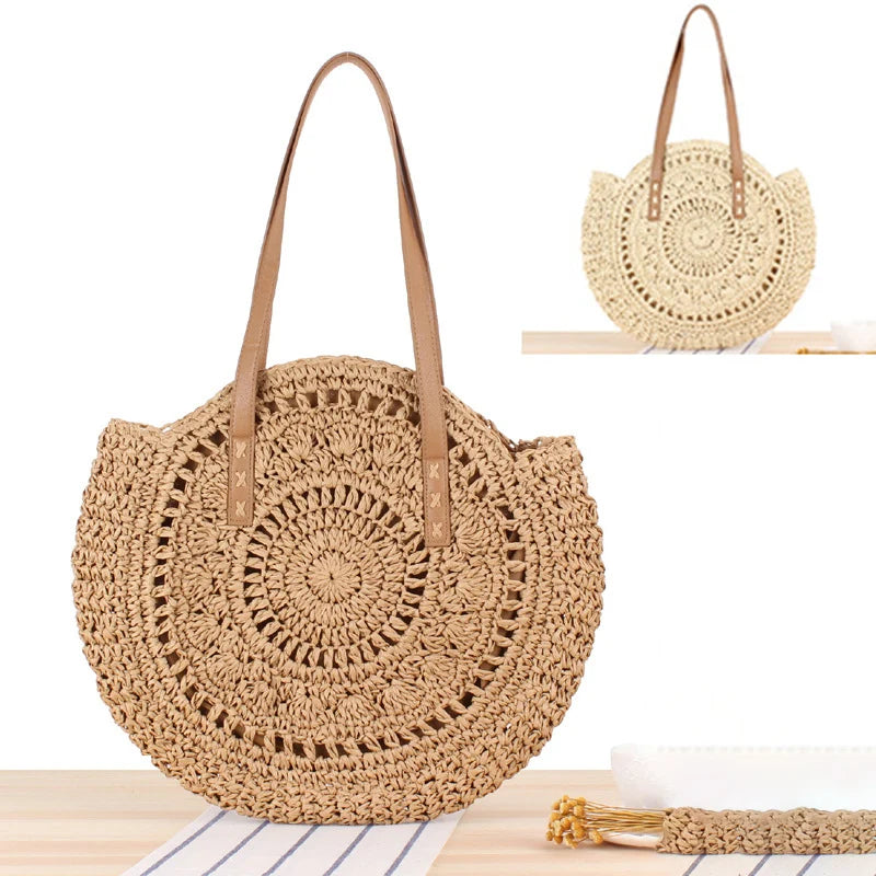 Women's Straw Woven Tote Bag Large Capacity Vintage Shoulder Bag Summer Beach Handbag