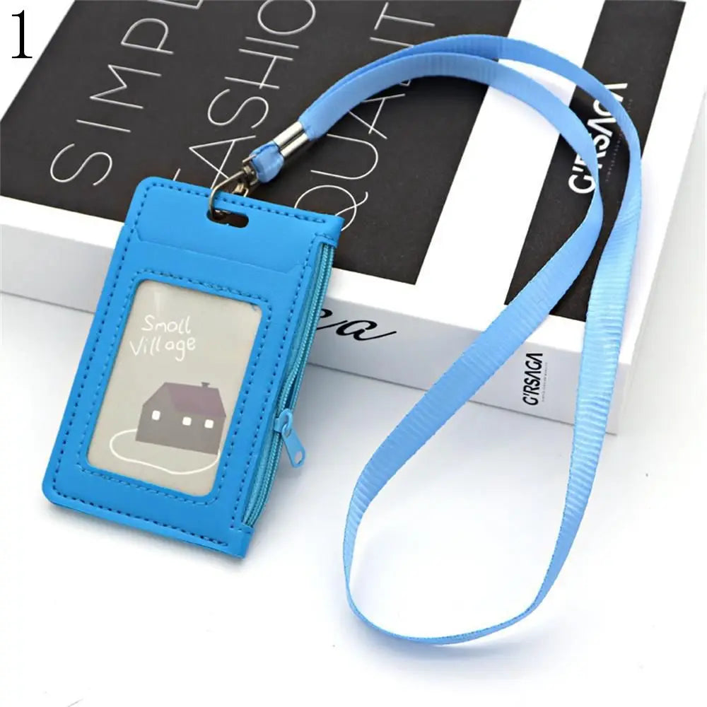 Fashion ID Badge Card Holder Colorful Leather Business Card Case Cover with Neck Lanyard Coin Purse Zipper Bag Wallets