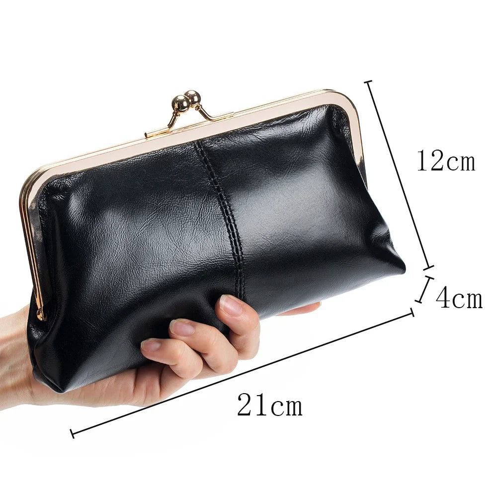 Genuine Leather Long Clutch Wallet Clip Bags Vintage Coin Purse Card Holder Key Lipstick Storage Phone Pouch Case for Women