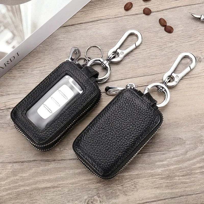 Double-layer Zipper Car Key Bag Lychee Pattern Top Layer Cowhide Key Bag Genuine Leather Key Chain Large Capacity Unisex KeysBag