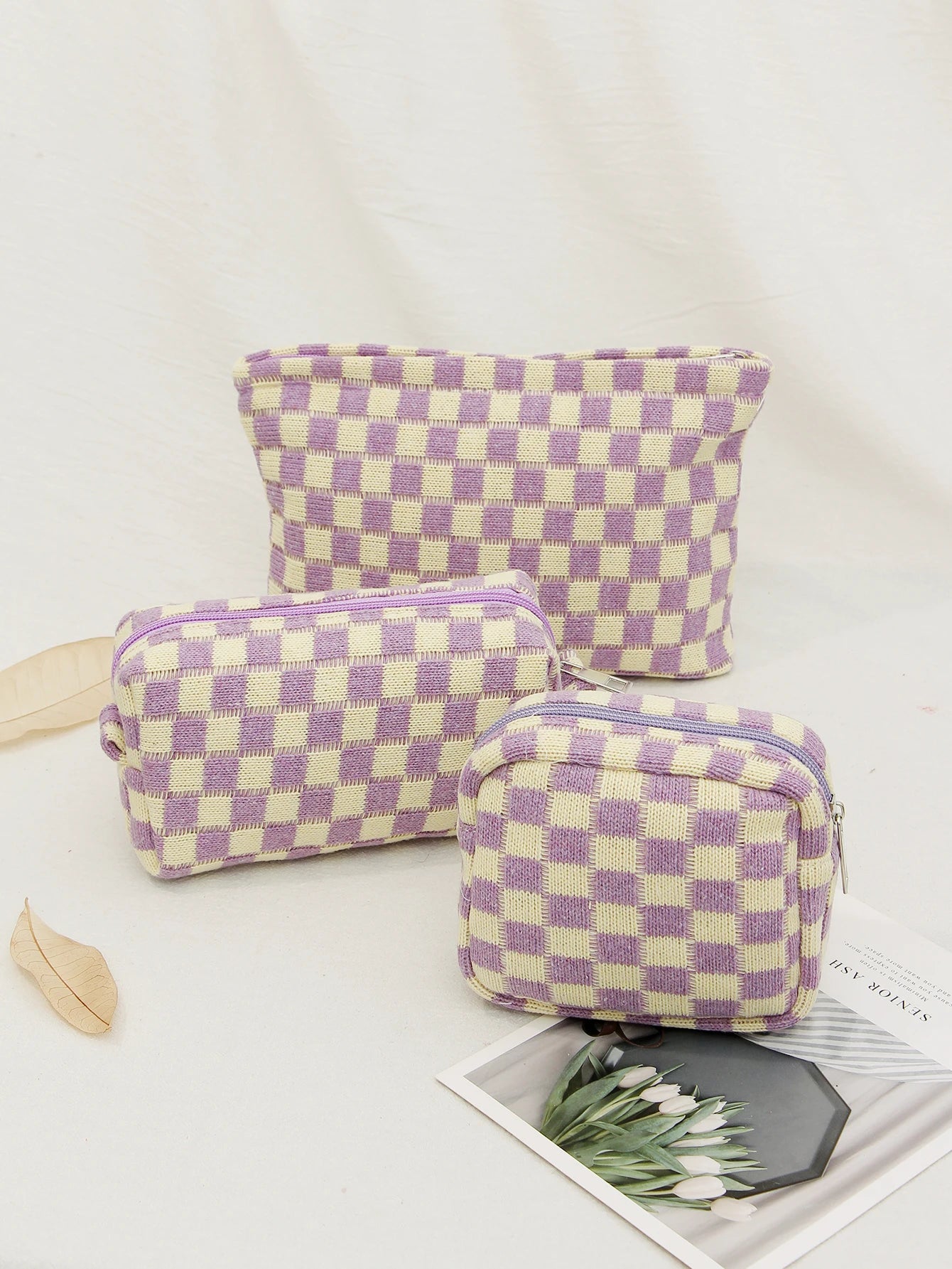 Checkerboard Cosmetic Bag Knitted Toiletry Storage Bag Colorful Makeup Pouch Organizer Checkered Pattern Cosmetic Bag