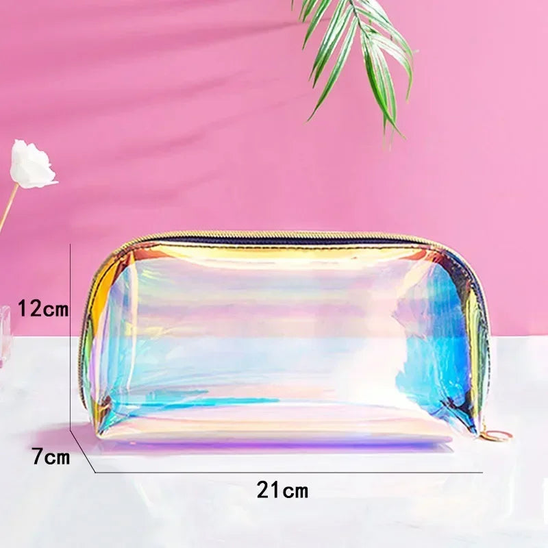 PVC Waterproof Transparent Cosmetic Bag Wash Toiletry Makeup Bag Organizer Female Girls Laser Color Zipper Make Up Beauty Case