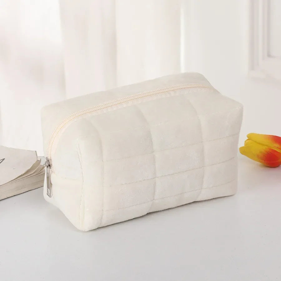 Solid Plush Cosmetic Storage Bag Large Women Zipper Makeup Organizer Handbag Stationery Pencil Case Travel Make Up Toiletry Bag