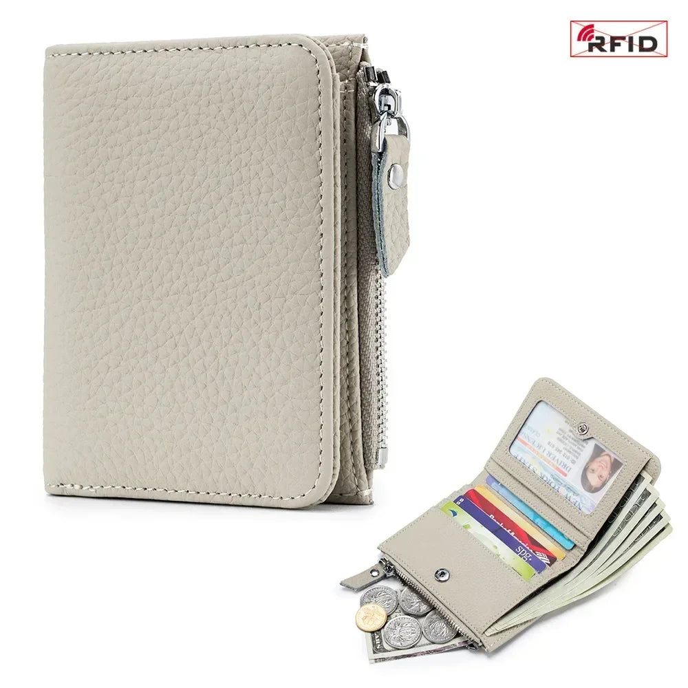 Genuine Leather RFID Short Wallets Card Holder Bag Portable Cowhide Small Zipper Money Coin Purse for Men Women Earphone Pouch