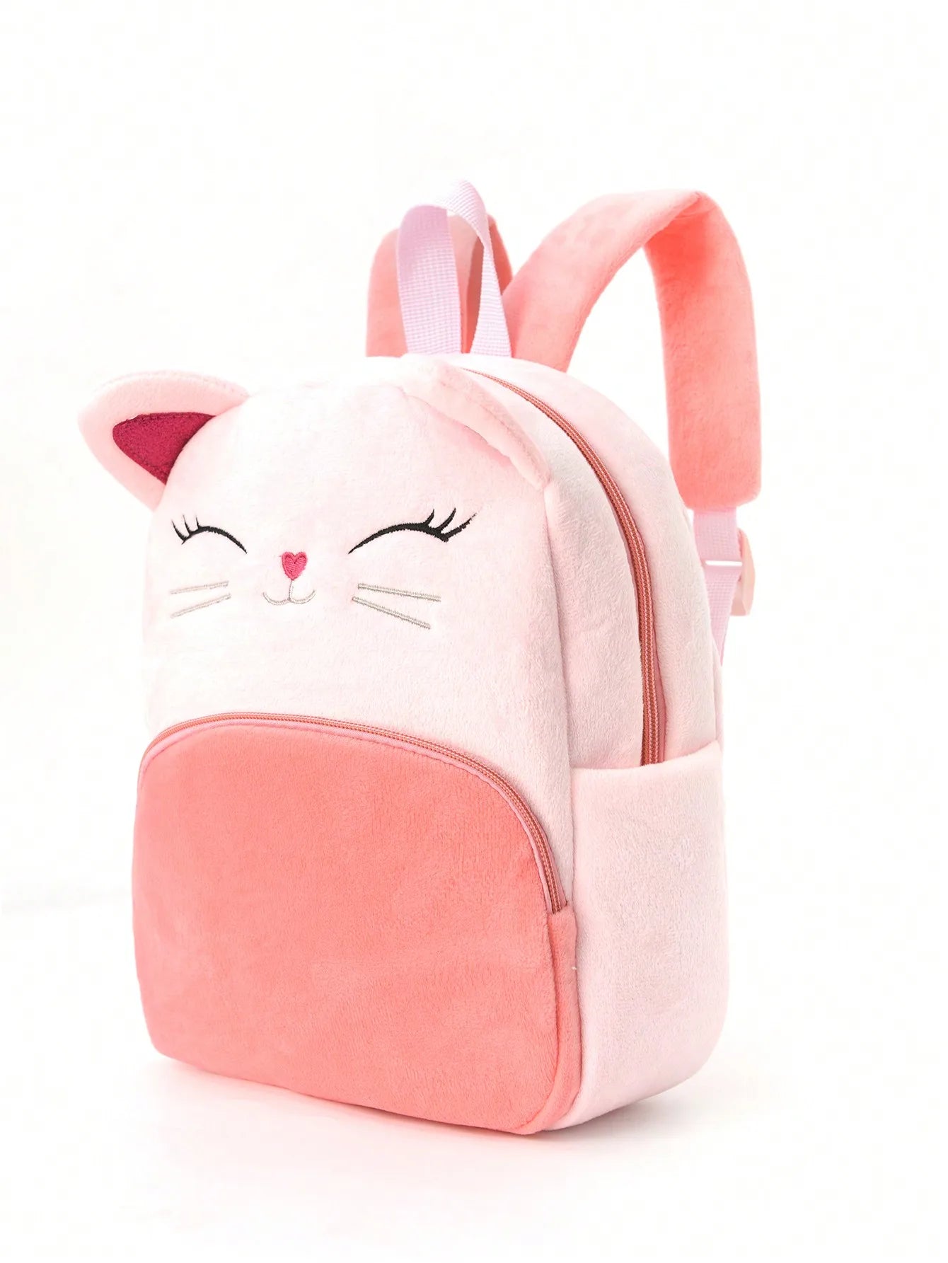 Pink Cartoon Kitten Plush Backpack for Girls - Large Capacity