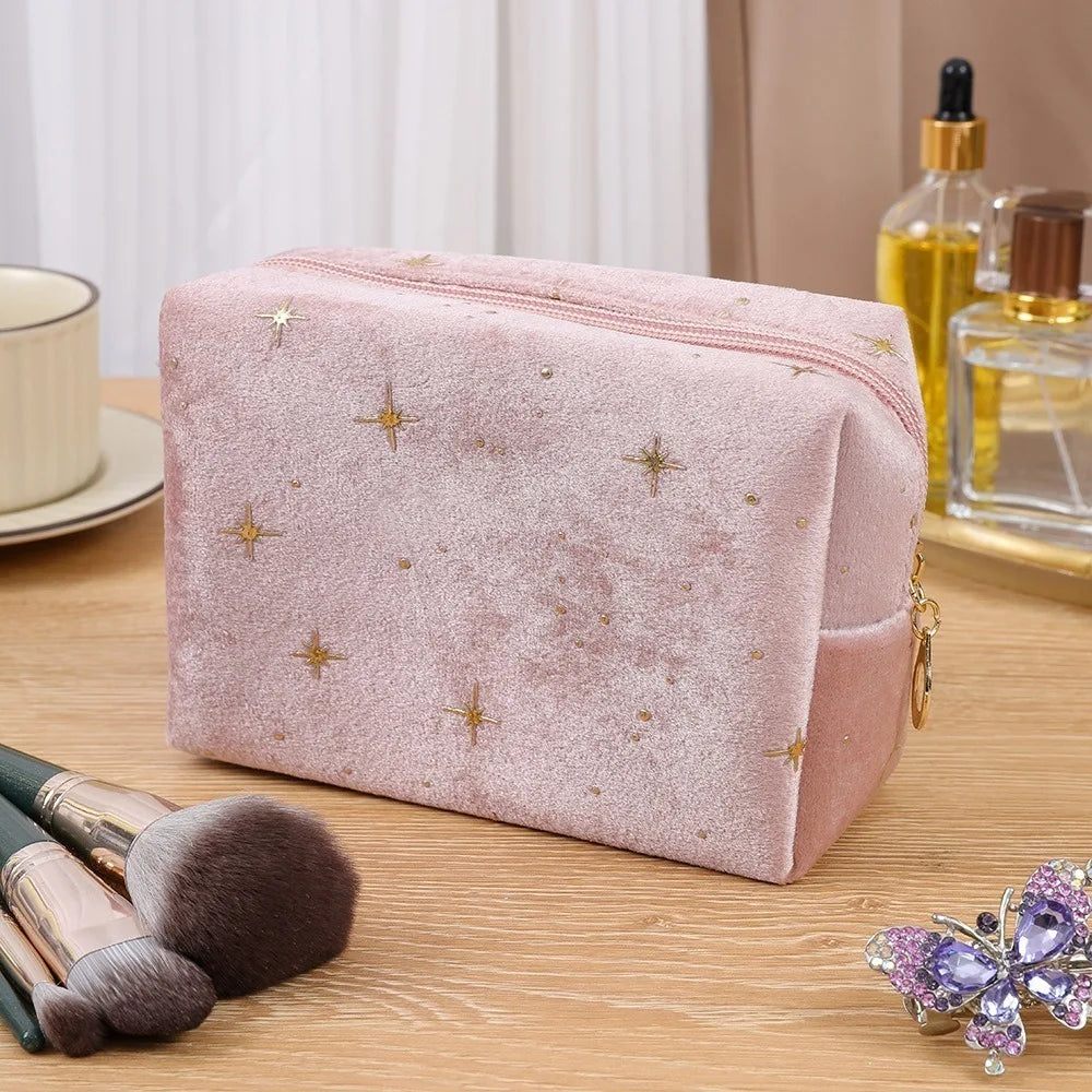 High Quality Portable Cosmetic Bag Soft Velvet Hot Stamping Star Pattern Make Up Storage Bag with Zipper Beauty Case Pouch