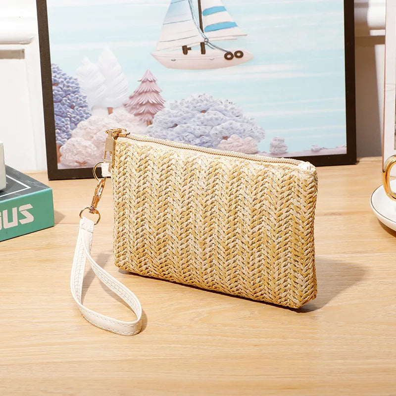 Womens Straw Clutch Bag Bohemian Summer Beach Straw Purse Zipper Wristlet Wallets Simple Phone Pouch Coin Purse Card Holder