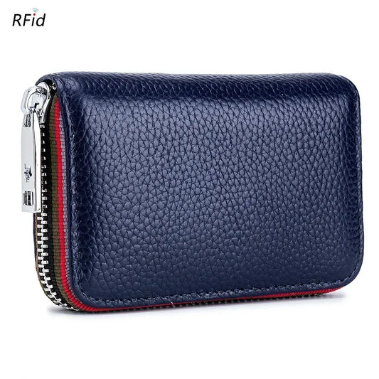 Genuine Leather Men Women Card Holder Small Zipper Wallet Solid Coin Purse Accordion Design Rfid ID Business Credit Card Bags