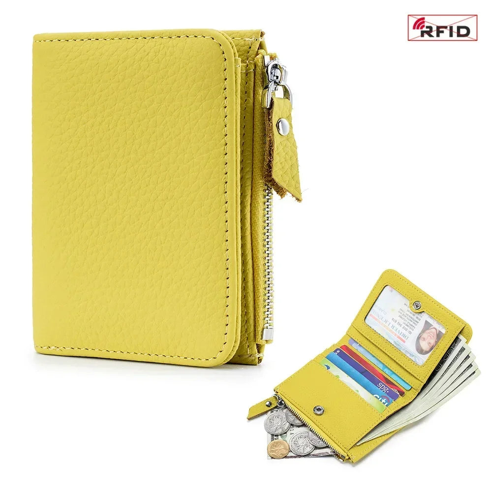 Genuine Leather RFID Short Wallets Card Holder Bag Portable Cowhide Small Zipper Money Coin Purse for Men Women Earphone Pouch