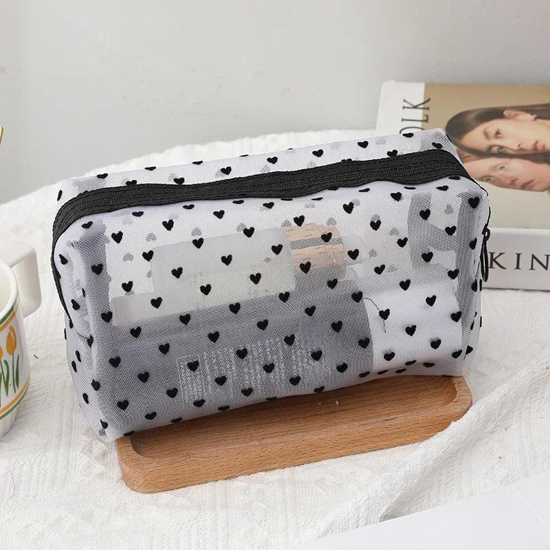 Love Print Mesh Cosmetic Bag Portable Toiletry Organizer Makeup Bag Multifunction Transparent Women Lipstick Storage Pouch