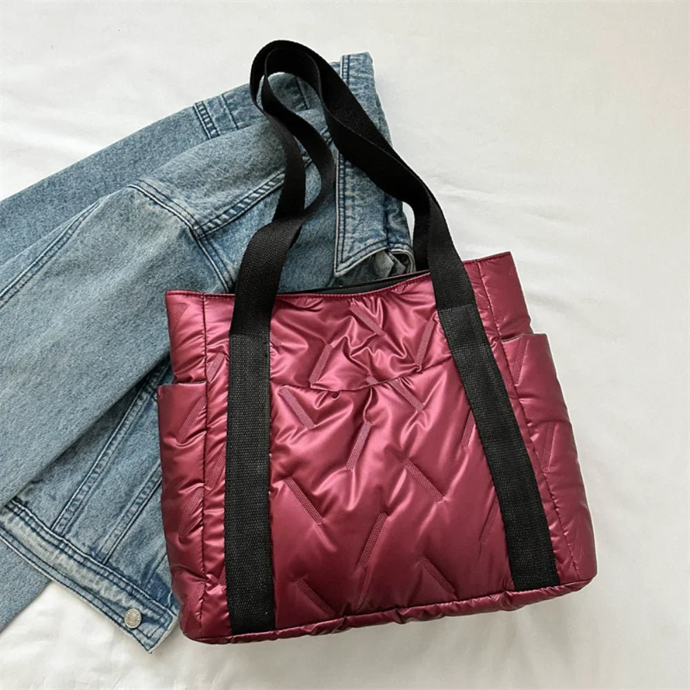 Women's Large Quilted Tote Bag - Fluffy Down Handbag, Solid Color, Fashion Casual Shoulder Bag