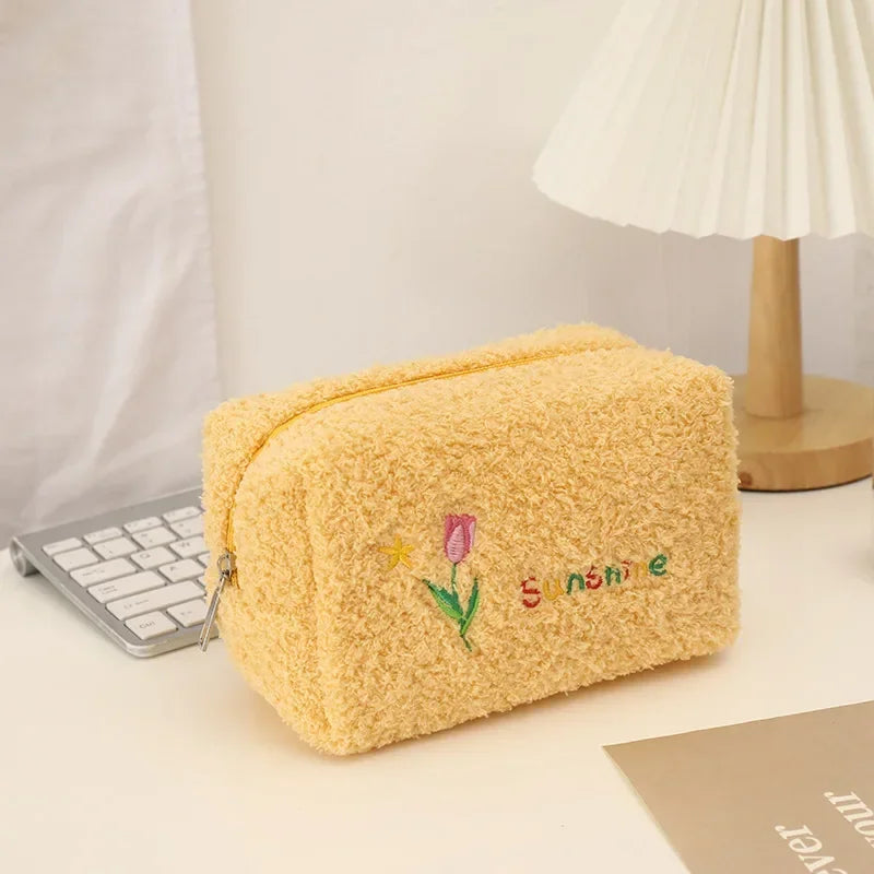 Cute Cosmetic Storage Bag Embroidered Flowers Cosmetic Bag Pencil Case Soft plush Makeup Bag for Lipstick Jewelry Pouch