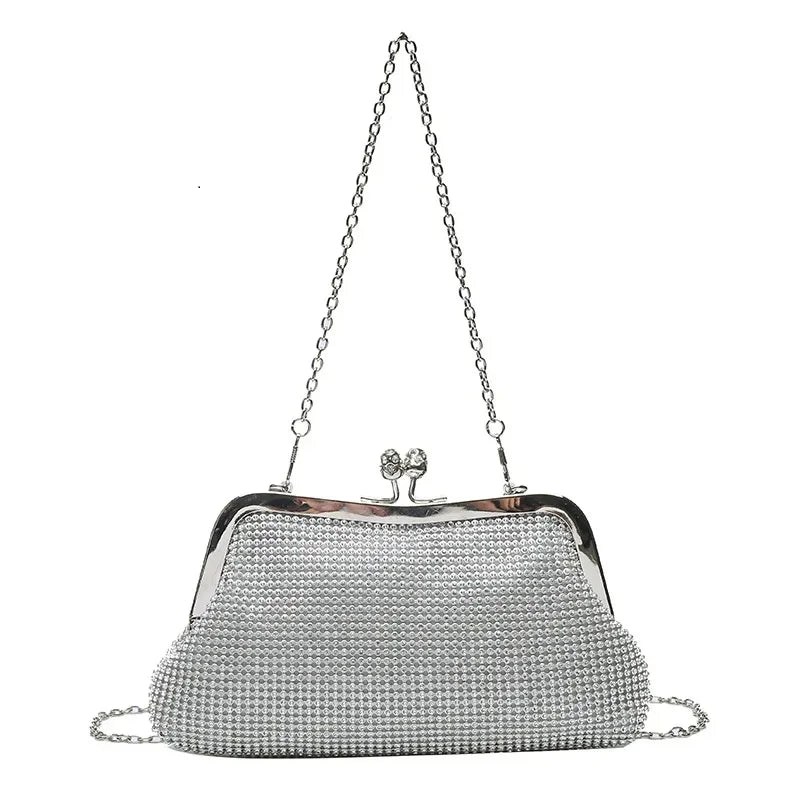 Women's Shiny Evening Clutch Bag - Bridal Metal Bow Clip, Chain Crossbody