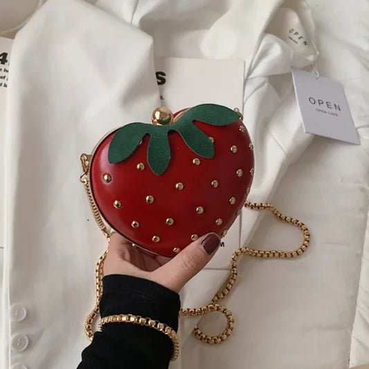 Cute Fruit Strawberry Heart Shape Pu Rivet Mini Fashion Ladies Chain Purse Clutch Bag Shoulder Bag Tote Female Flap Handbag Q5