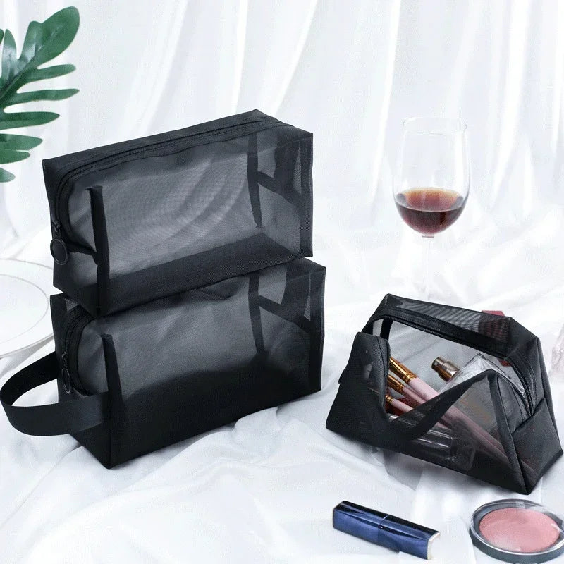 Women Necessary Cosmetic Bag Fashion Black Mesh Transparent Travel Organizer Large Capacity Toiletry Bags Portable Makeup Pouch