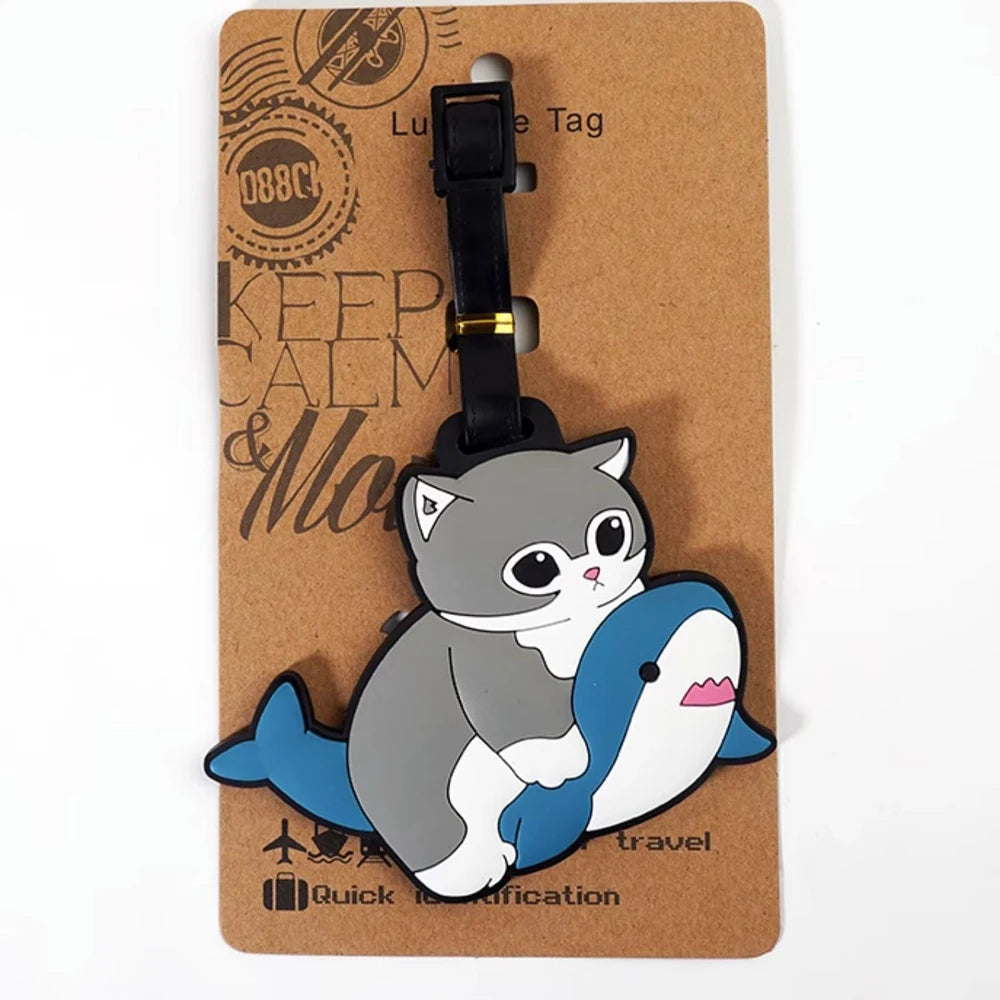 New Cute Shark Cat Luggage Tag Cartoon Anime PVC Bus Card Holder Cover Portable Travel Suitcase Label Anti-lost Address Card Tag