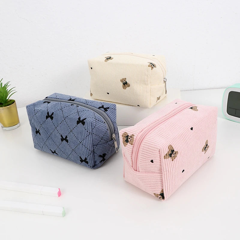 Kawaii Corduroy Travel Cosmetic Lipstick Makeup Storage Bag Toiletry Kit Women Makeup Handbags Organizer Pouch Bag Pencil Case