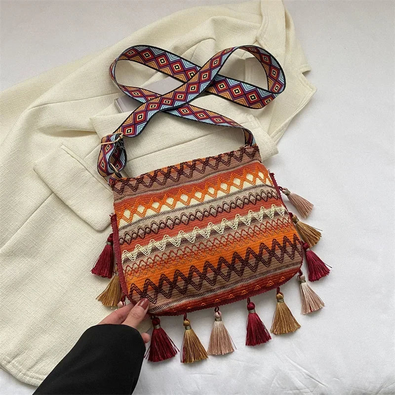 Vintage Women's Bag Tassel Ethnic Handwoven Crossbody for Lady Bag Hippie Sling Shoulder Bags for Ladies Handbag Сумка Женская