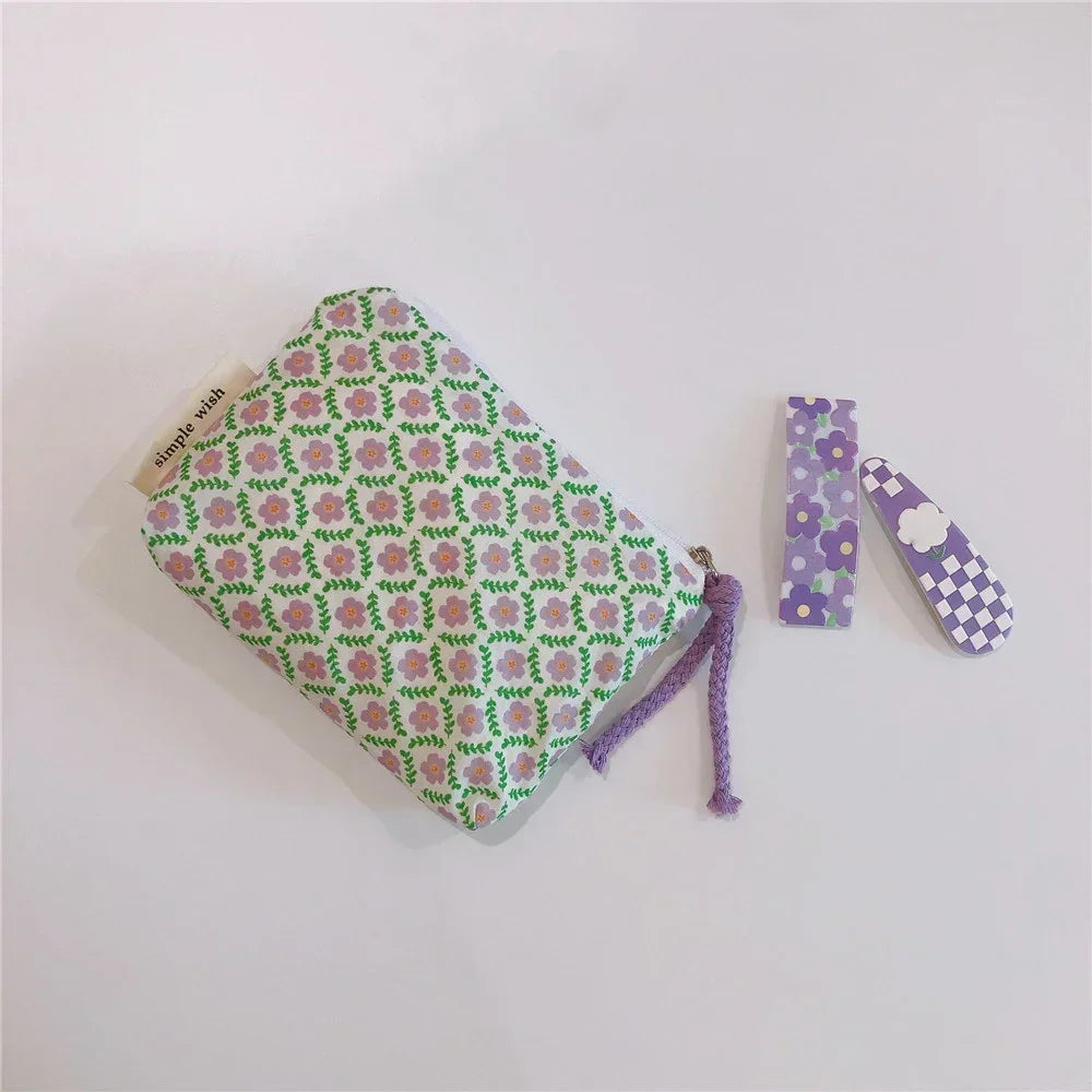 Summer Fresh Floral Print Cotton Coin Purse Mini Storage Small Cloth Bag Headphone Bag Travel Cosmetic Pouch Make Up Storage Bag