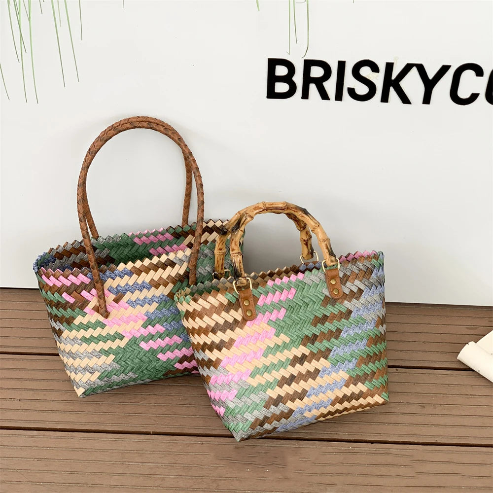 Retro Colorful Rattan Woven Tote Bag