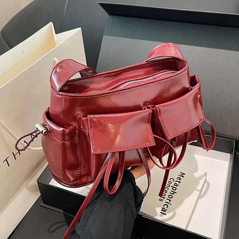 Double Pockets Design PU Leather Shoulder Bags for Women 2025 New Fashion Trend Crossbody Bag Females Silver Handbags