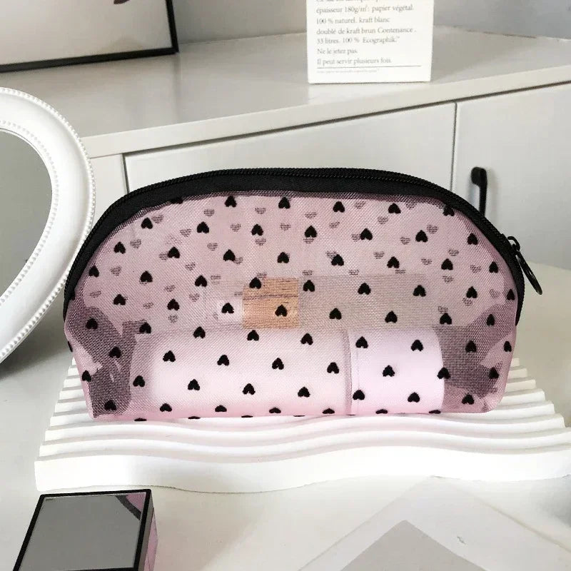 Heart Shaped Transparent Mesh Makeup Bag Women Cosmetic Toiletry Storage Bag Ladies Lipstick Key Coin Organizer Bags Purse Pouch