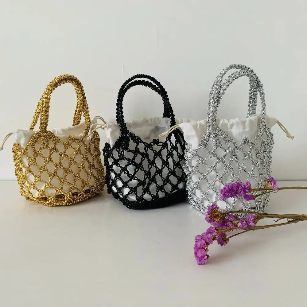 Fashion Portable Large Capacity Storage Bag Woven Bag Drawstring Bag Weave Bucket Bag Simple Beach Bag Women Girls Handbag