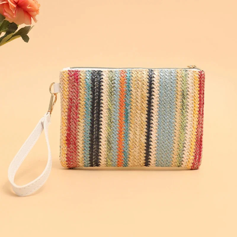 Rattan Knitting Women Straw Bags Fashion Colorful Summer Beach Clutch Bag Female Woven Wristlet Bag Wallet Money Coin Purse