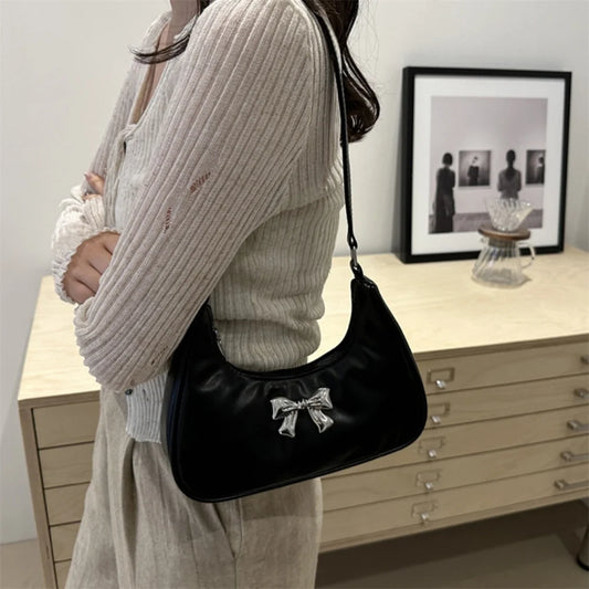 Fashion Bow PU Leather Shoulder Bag - Women's Small Square Hobo Handbag