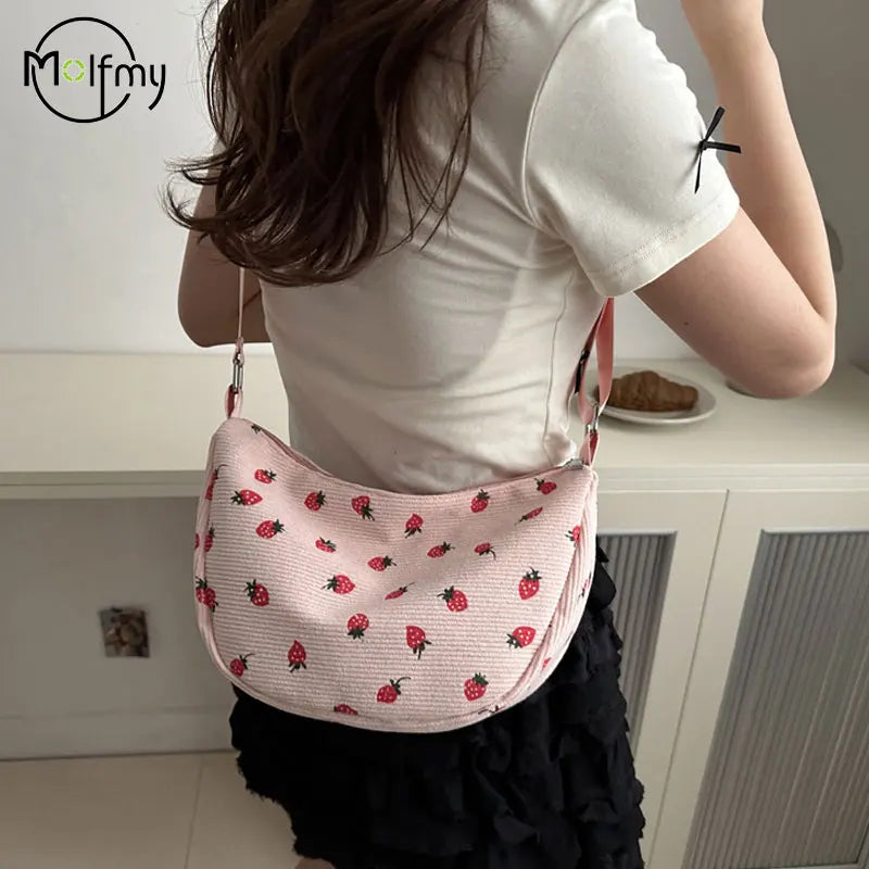 Corduroy Strawberry Pattern Ruched Strap Crossbody Handbag