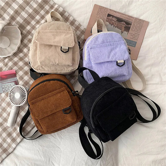 Corduroy Mini Backpack - Casual Student Bookbag, Travel Rucksack, Fashion Shoulder Bag