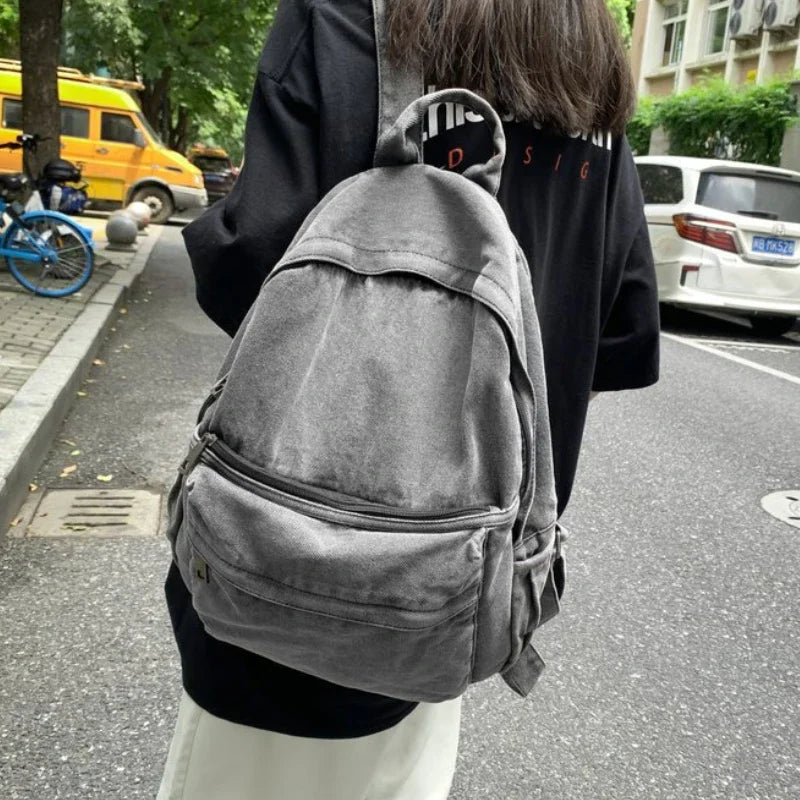 Gray Denim Backpack Women's Travel Shoulder Bag Unisex Fashion Schoolbag