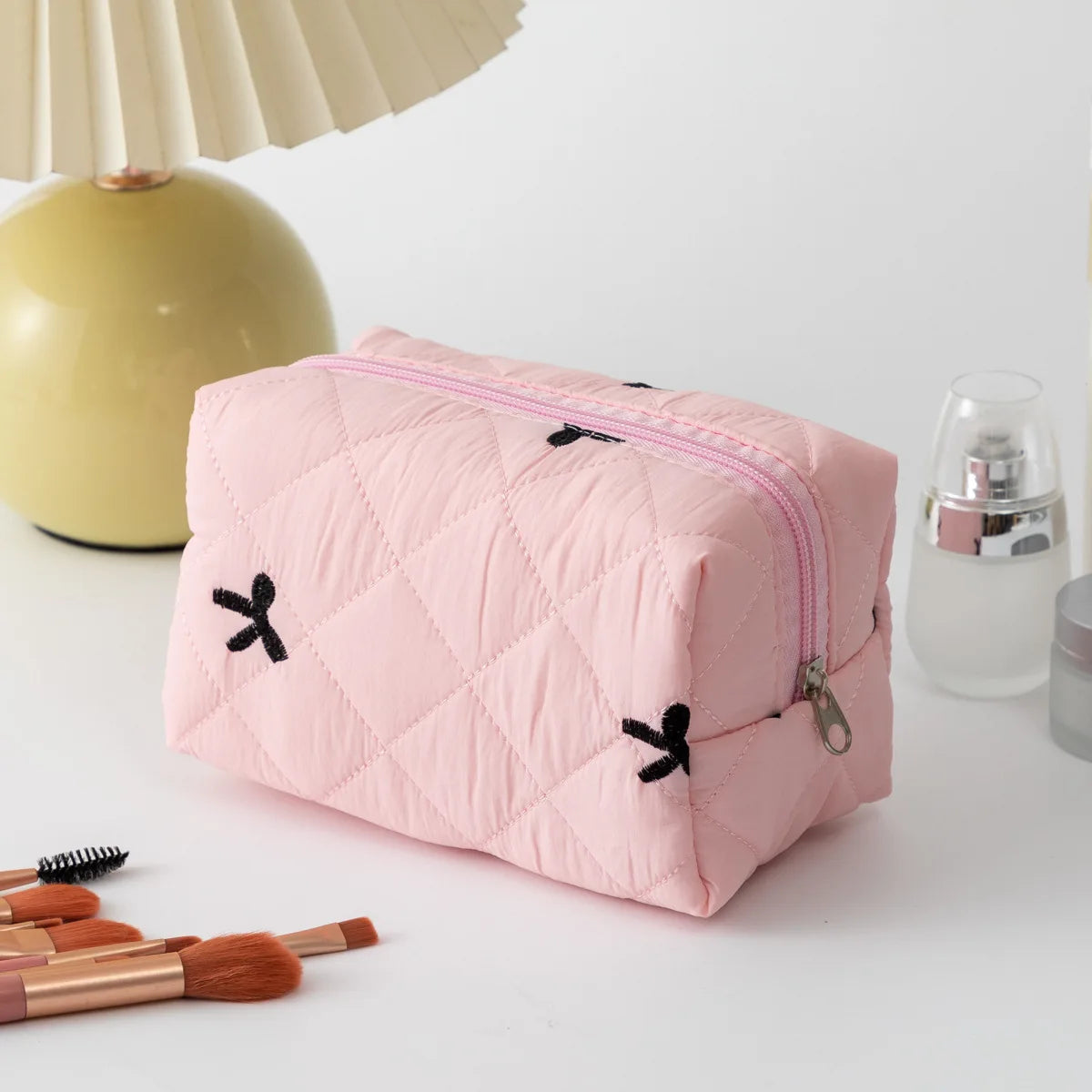 Women's Cosmetic Bags Bow Cute Cotton Makeup Bag Women Zipper Cosmetic Organizer Portable Toiletry Handbag