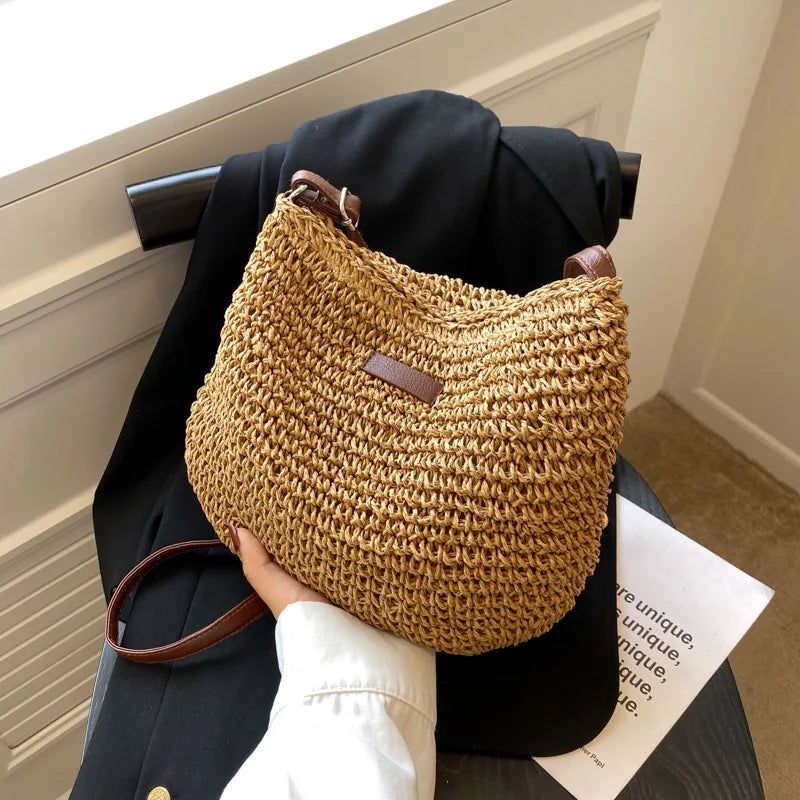 Bohemian style women's handbag, daily crossbody straw woven bag, simple work matching armpit bag