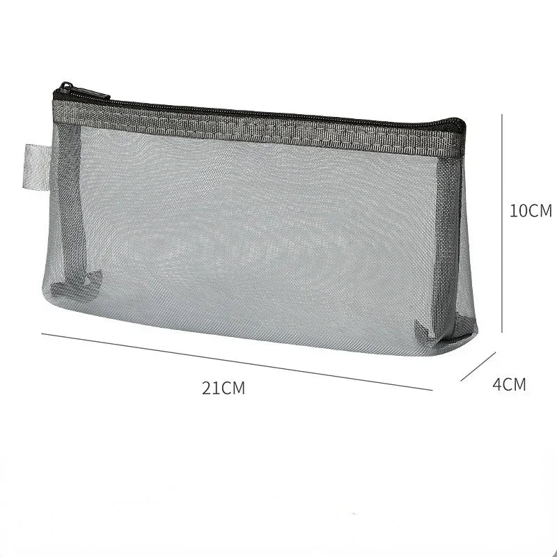 Gray Black Makeup Case Large Capacity Mesh Transparent Cosmetic Brush Bags Students Solid Color Zipper Nylon Pencil Case