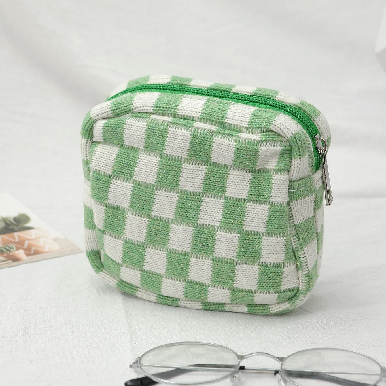 Checkerboard Cosmetic Bag Knitted Toiletry Storage Bag Colorful Makeup Pouch Organizer Checkered Pattern Cosmetic Bag