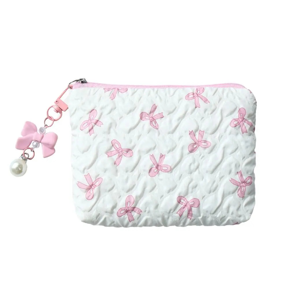 Cotton Quilted Makeup Bag Travel Cosmetic Organizer with Bow