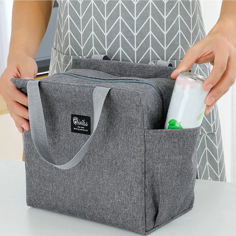 Thermal Lunch Bag Portable Cooler Pouch With Two Side-pockets Office Student Lunch Picnic Storage Box Food Container Handbag