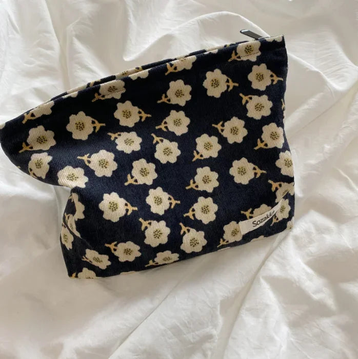 Fashion Retro Flowers Print Cosmetic Bag Canvas Washing Bag Large Capacity Women Travel Cosmetic Pouch Make Up Storage Bags