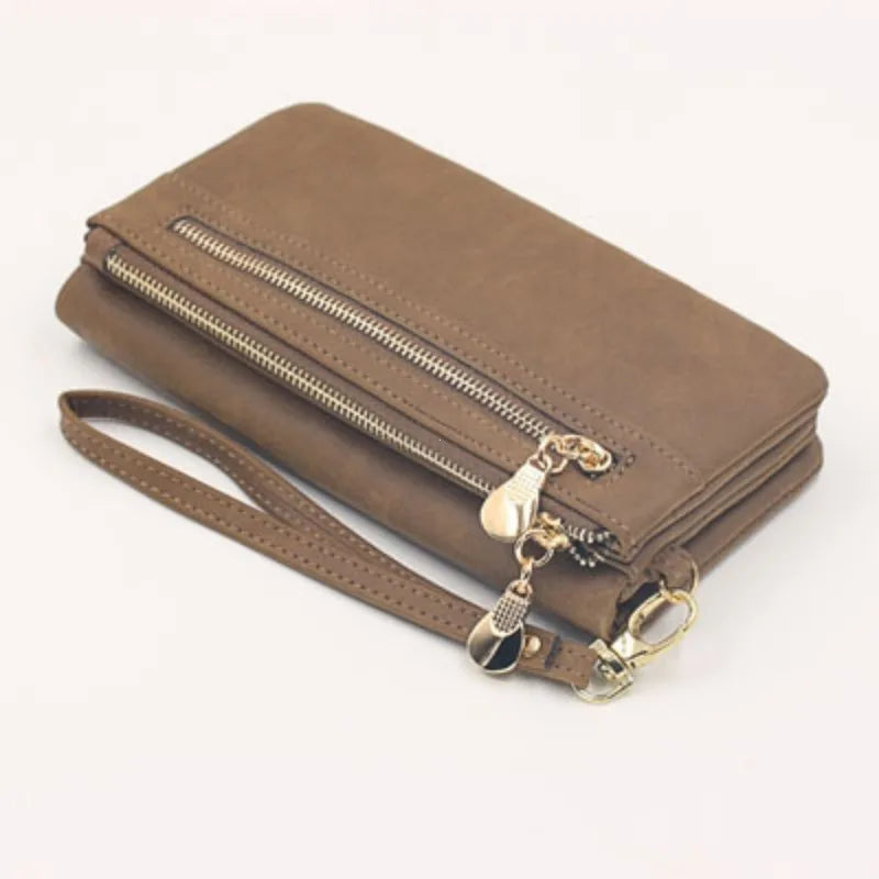 Large Capacity Women's Dull Polish Leather Wallet Double Zipper Clutch Wristlet Purse Phone Coin Card Holder Multi-pocket Wallet