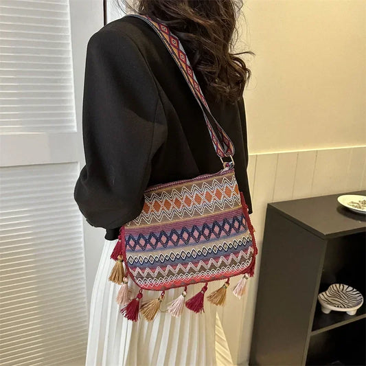 Vintage Ethnic Handwoven Tassel Crossbody Bag for Women